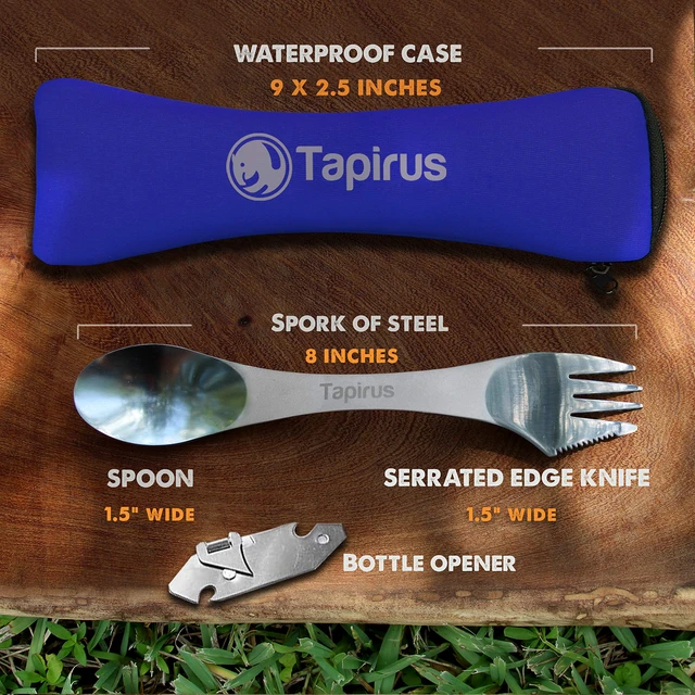 Alt view image 4 of 7 - 5 Spork Of Steel Utensils Set - 8-inch Long Durable & Rust Proof Stainless Steel Spoon, Fork & Knife Flatware - For Camping, Fishing, & Hunting - With Bottle Opener & Carrying Case