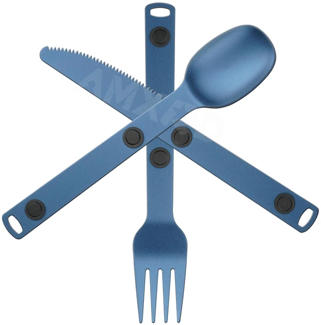 Main image of Magnetic Aluminum Camping Utensils, Portable Metal Travel Cutlery | Lightweight 3-piece Blue Flatware Set, Knife, Fork, Spoon, Perfect for Hiking and Backpacking