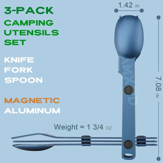 Alt view image 2 of 7 - Magnetic Aluminum Camping Utensils, Portable Metal Travel Cutlery | Lightweight 3-piece Blue Flatware Set, Knife, Fork, Spoon, Perfect for Hiking and Backpacking