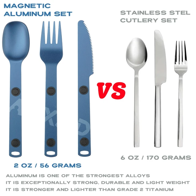 Alt view image 3 of 7 - Magnetic Aluminum Camping Utensils, Portable Metal Travel Cutlery | Lightweight 3-piece Blue Flatware Set, Knife, Fork, Spoon, Perfect for Hiking and Backpacking