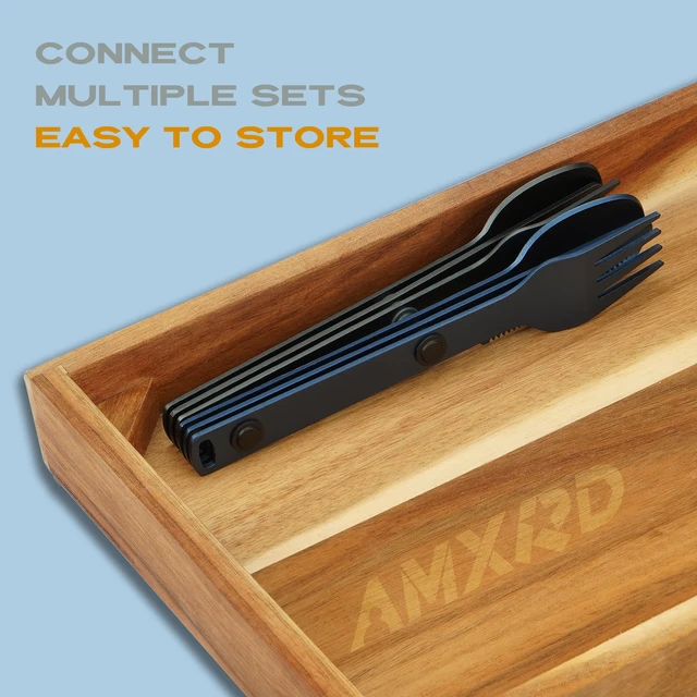 Alt view image 4 of 7 - Magnetic Aluminum Camping Utensils, Portable Metal Travel Cutlery | Lightweight 3-piece Blue Flatware Set, Knife, Fork, Spoon, Perfect for Hiking and Backpacking