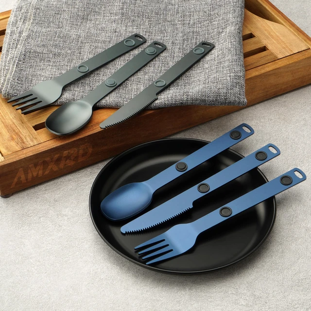 Alt view image 5 of 7 - Magnetic Aluminum Camping Utensils, Portable Metal Travel Cutlery | Lightweight 3-piece Blue Flatware Set, Knife, Fork, Spoon, Perfect for Hiking and Backpacking