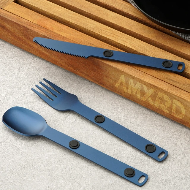 Alt view image 6 of 7 - Magnetic Aluminum Camping Utensils, Portable Metal Travel Cutlery | Lightweight 3-piece Blue Flatware Set, Knife, Fork, Spoon, Perfect for Hiking and Backpacking