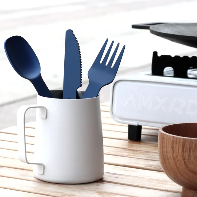 Alt view image 7 of 7 - Magnetic Aluminum Camping Utensils, Portable Metal Travel Cutlery | Lightweight 3-piece Blue Flatware Set, Knife, Fork, Spoon, Perfect for Hiking and Backpacking
