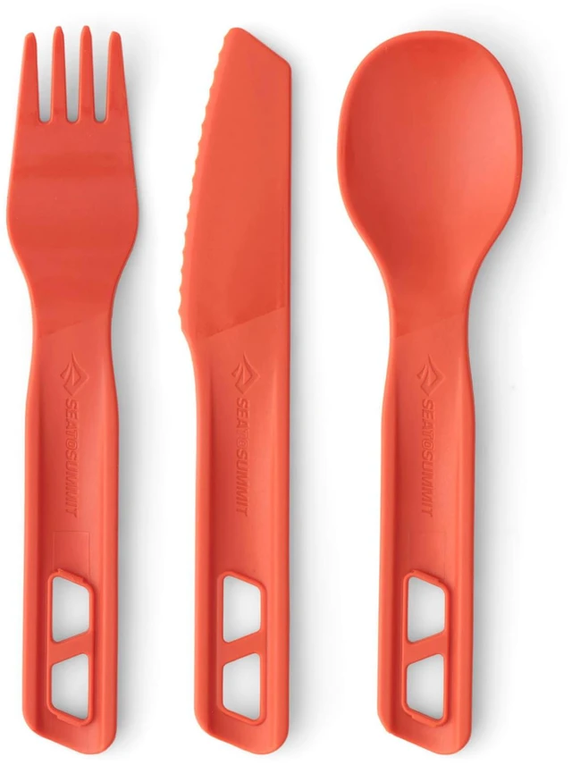 Main image of Passage Cutlery Set, Fork, Spoon and Knife, Spicy Orange | Lightweight camp cutlery set snaps together for easy storage in durable, easy-clean, food-grade polypropylene