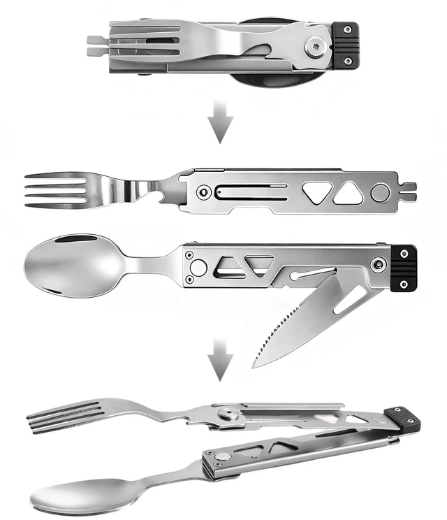 Main image of 5-in-1 Camping Utensils Set with Pouch Folding Fork Spoon Knife | Detachable Travel Pocket Cutlery Combo, Portable Flatware for Picnic Outdoor, Grill Barbecue BBQ Tongs, 420J2 Stainless Steel