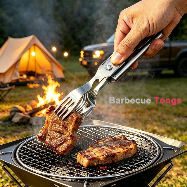 Alt view image 4 of 7 - 5-in-1 Camping Utensils Set with Pouch Folding Fork Spoon Knife | Detachable Travel Pocket Cutlery Combo, Portable Flatware for Picnic Outdoor, Grill Barbecue BBQ Tongs, 420J2 Stainless Steel