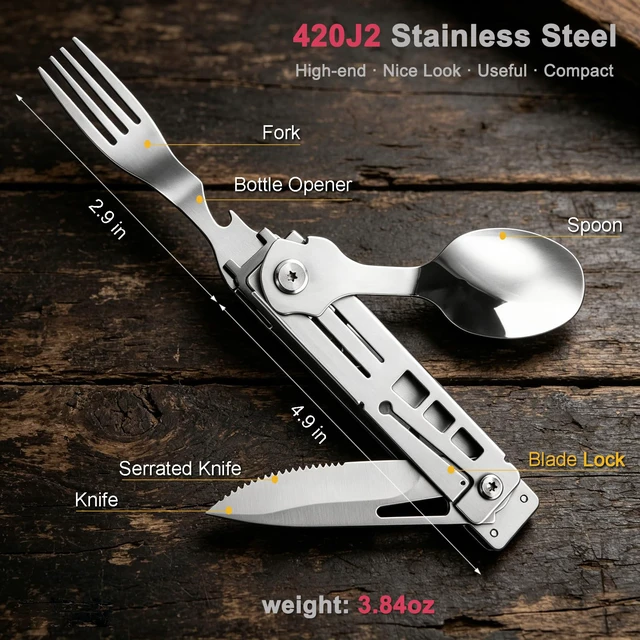 Alt view image 2 of 7 - 5-in-1 Camping Utensils Set with Pouch Folding Fork Spoon Knife | Detachable Travel Pocket Cutlery Combo, Portable Flatware for Picnic Outdoor, Grill Barbecue BBQ Tongs, 420J2 Stainless Steel