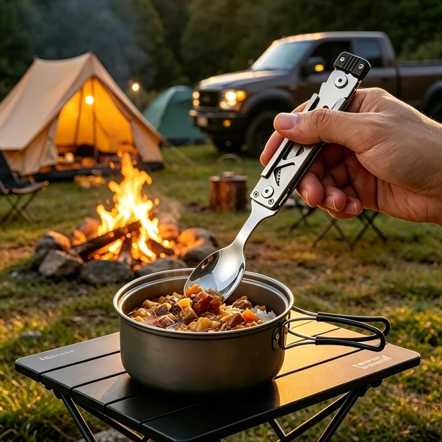 Alt view image 5 of 7 - 5-in-1 Camping Utensils Set with Pouch Folding Fork Spoon Knife | Detachable Travel Pocket Cutlery Combo, Portable Flatware for Picnic Outdoor, Grill Barbecue BBQ Tongs, 420J2 Stainless Steel
