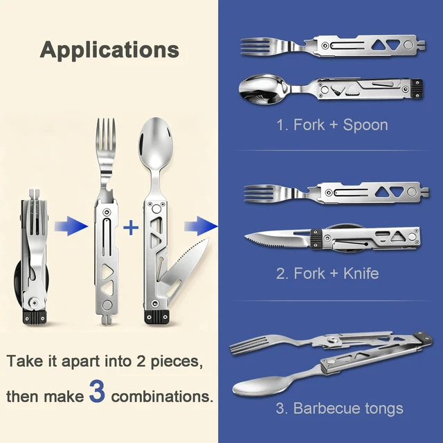Alt view image 3 of 7 - 5-in-1 Camping Utensils Set with Pouch Folding Fork Spoon Knife | Detachable Travel Pocket Cutlery Combo, Portable Flatware for Picnic Outdoor, Grill Barbecue BBQ Tongs, 420J2 Stainless Steel