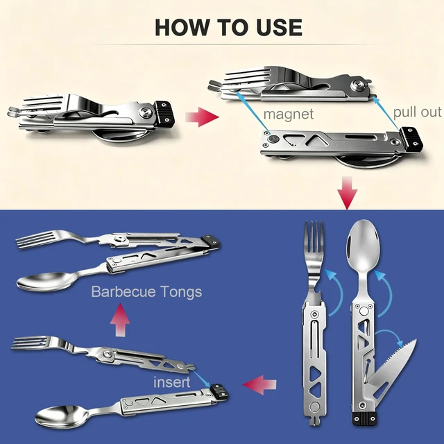 Alt view image 7 of 7 - 5-in-1 Camping Utensils Set with Pouch Folding Fork Spoon Knife | Detachable Travel Pocket Cutlery Combo, Portable Flatware for Picnic Outdoor, Grill Barbecue BBQ Tongs, 420J2 Stainless Steel