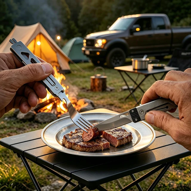 Alt view image 6 of 7 - 5-in-1 Camping Utensils Set with Pouch Folding Fork Spoon Knife | Detachable Travel Pocket Cutlery Combo, Portable Flatware for Picnic Outdoor, Grill Barbecue BBQ Tongs, 420J2 Stainless Steel