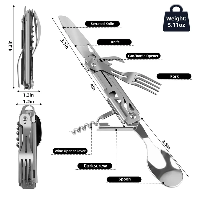 Alt view image 2 of 6 - Portable 5-in-1 Camping Utensils - Detachable Travel Utensils Flatware Set - Compact Camping Multitool With Spoon, Fork, Knife, Bottle Opener - Great for Outdoor Adventures (Stainless Steel)