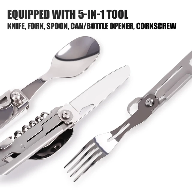 Alt view image 3 of 6 - Portable 5-in-1 Camping Utensils - Detachable Travel Utensils Flatware Set - Compact Camping Multitool With Spoon, Fork, Knife, Bottle Opener - Great for Outdoor Adventures (Stainless Steel)