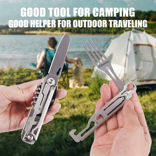 Alt view image 5 of 6 - Portable 5-in-1 Camping Utensils - Detachable Travel Utensils Flatware Set - Compact Camping Multitool With Spoon, Fork, Knife, Bottle Opener - Great for Outdoor Adventures (Stainless Steel)