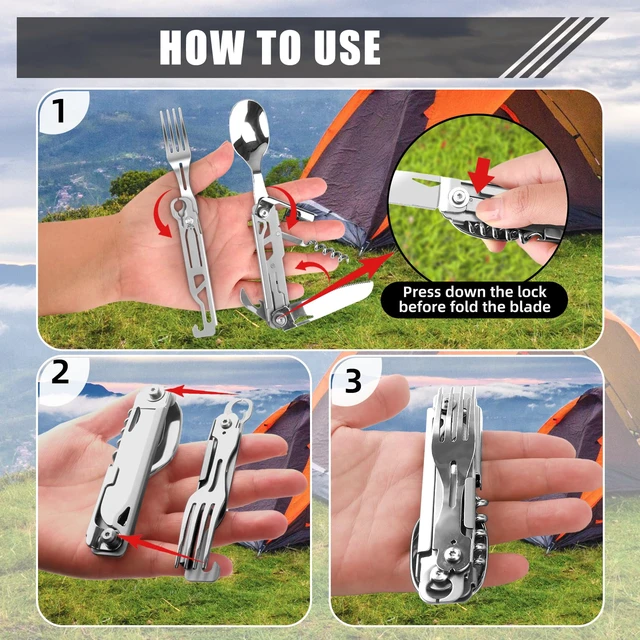 Alt view image 6 of 6 - Portable 5-in-1 Camping Utensils - Detachable Travel Utensils Flatware Set - Compact Camping Multitool With Spoon, Fork, Knife, Bottle Opener - Great for Outdoor Adventures (Stainless Steel)