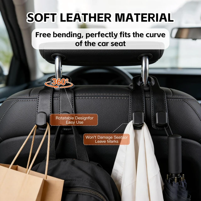 Alt view image 2 of 7 - Car Seat Headrest Hooks for Purses and Bags, 4-Pack Heavy Duty Car Seat Hooks with Anti-Slip Pad, Universal Car Backseat Organizer Hanger Accessories for Grocery Bags (Black)