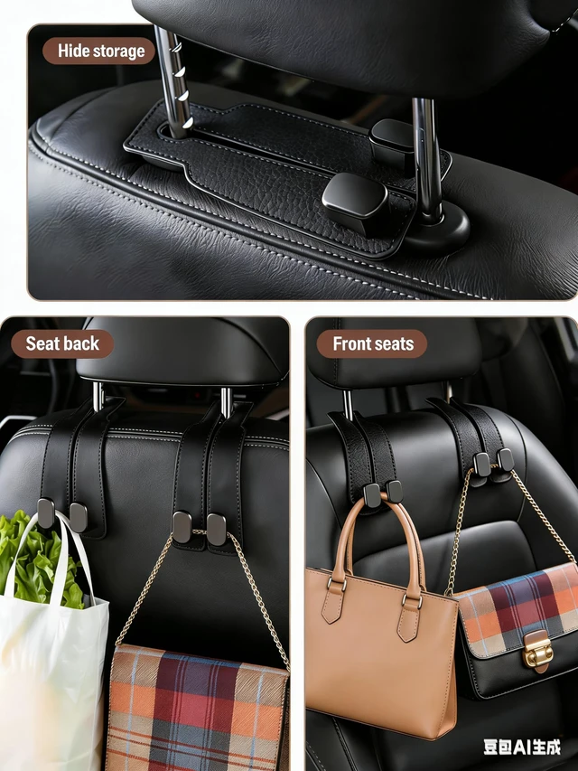 Alt view image 3 of 7 - Car Seat Headrest Hooks for Purses and Bags, 4-Pack Heavy Duty Car Seat Hooks with Anti-Slip Pad, Universal Car Backseat Organizer Hanger Accessories for Grocery Bags (Black)