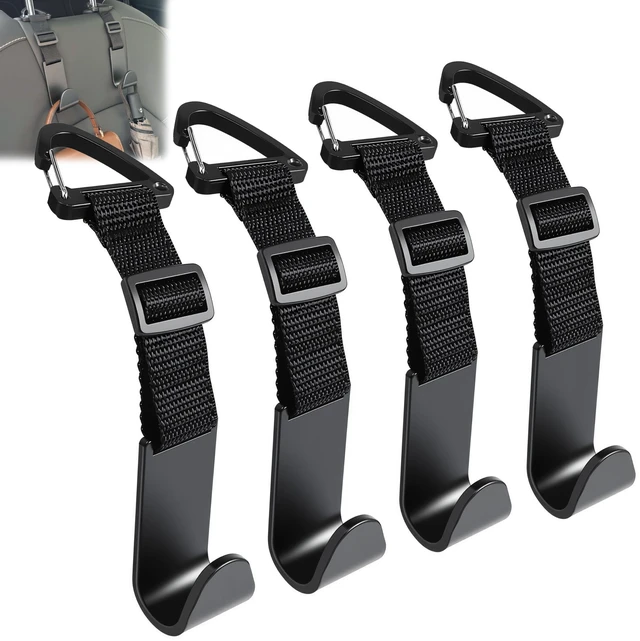 Main image of 4 Pack Anti-drop Headrest Hooks Adjustable Car Seat Organizer | Universal Fit with Clip, Hanger for Backpack Umbrella Water Bottle Coat Purses Handbags Groceries, 40lb Heavy Duty, Black
