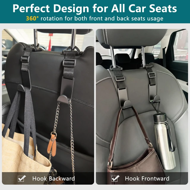 Alt view image 2 of 6 - 4 Pack Anti-drop Headrest Hooks Adjustable Car Seat Organizer | Universal Fit with Clip, Hanger for Backpack Umbrella Water Bottle Coat Purses Handbags Groceries, 40lb Heavy Duty, Black