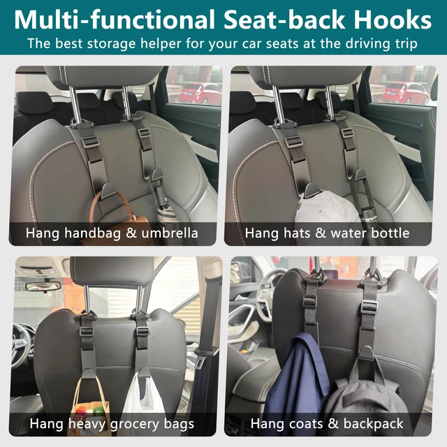 Alt view image 4 of 6 - 4 Pack Anti-drop Headrest Hooks Adjustable Car Seat Organizer | Universal Fit with Clip, Hanger for Backpack Umbrella Water Bottle Coat Purses Handbags Groceries, 40lb Heavy Duty, Black