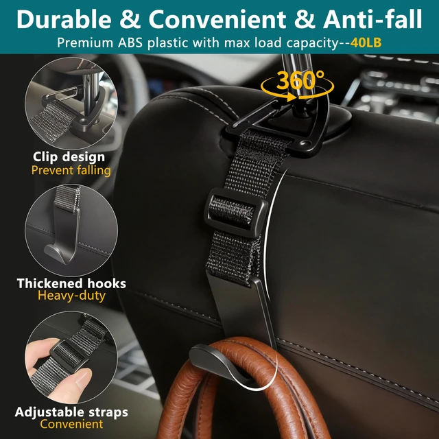 Alt view image 5 of 6 - 4 Pack Anti-drop Headrest Hooks Adjustable Car Seat Organizer | Universal Fit with Clip, Hanger for Backpack Umbrella Water Bottle Coat Purses Handbags Groceries, 40lb Heavy Duty, Black