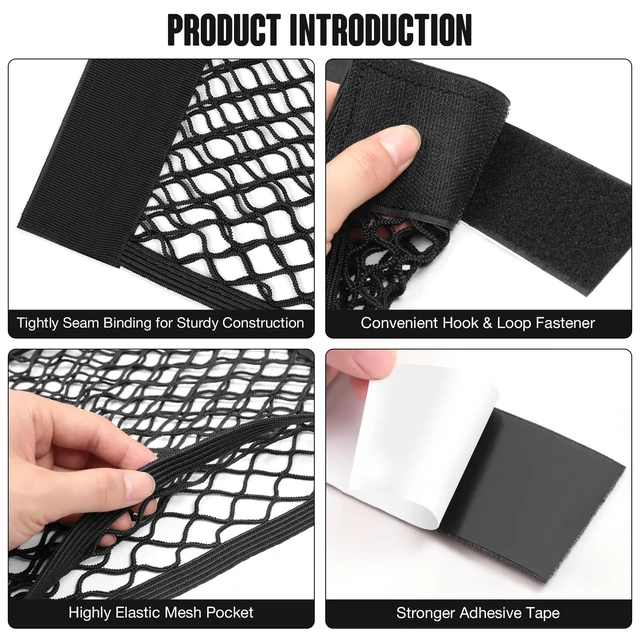 Alt view image 6 of 7 - Mesh Storage Pocket Bag, 2PCS 9.8'' X 31.5'' High-Elastic Organizer | Stretchable Mesh | Adhesive & Hook Loop Mount | Large-Capacity Storage | Fits Car Trunk, RV & Home Organization