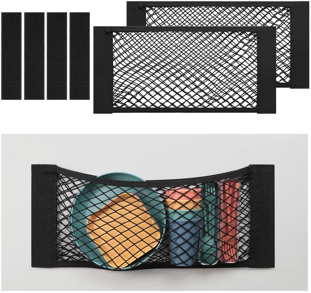 Main image of Car Storage Net Bag, 2PCS 9.8'' X 23.6'' High-Elastic Mesh Pocket | Stretchable Mesh | Adhesive & Hook Loop Mount | Large-Capacity Storage | Fits Car Trunk, RV & Home Organization