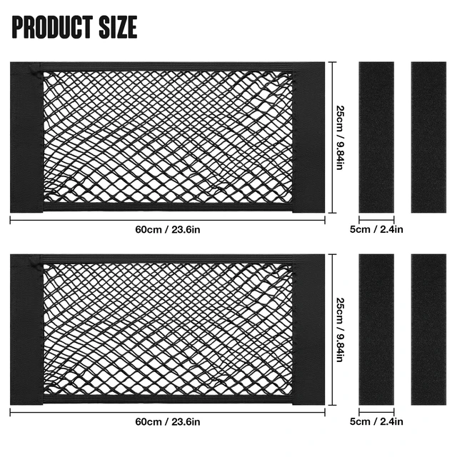 Alt view image 2 of 7 - Car Storage Net Bag, 2PCS 9.8'' X 23.6'' High-Elastic Mesh Pocket | Stretchable Mesh | Adhesive & Hook Loop Mount | Large-Capacity Storage | Fits Car Trunk, RV & Home Organization