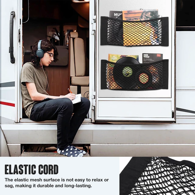 Alt view image 5 of 7 - Car Storage Net Bag, 2PCS 9.8'' X 23.6'' High-Elastic Mesh Pocket | Stretchable Mesh | Adhesive & Hook Loop Mount | Large-Capacity Storage | Fits Car Trunk, RV & Home Organization