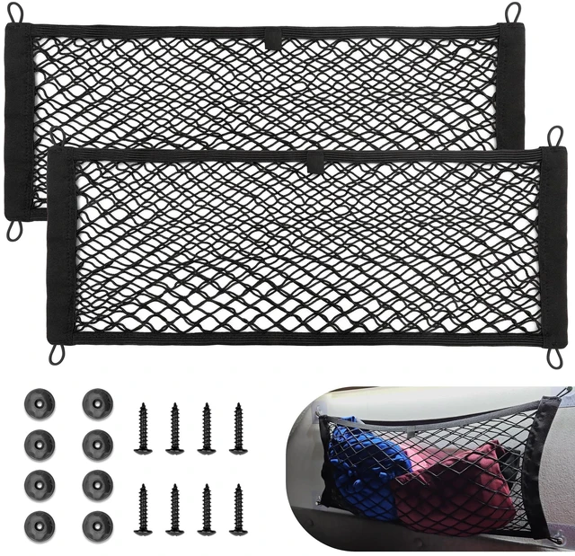 Main image of 2 Pcs Universal Elastic Mesh Netting Car Pouch for Trunk RV Boats Home Cargo Storage with Screws and Hooks (23.6'' x 9.8'')