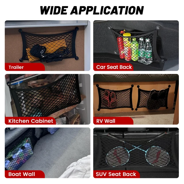 Alt view image 6 of 7 - 2 Pcs Universal Cargo Net Pocket Elastic Mesh Netting Car Mesh Pouch for Trunk RV Boats Home Cargo Storage Mesh with Screws and Hooks (25.6'' x 9.8'')