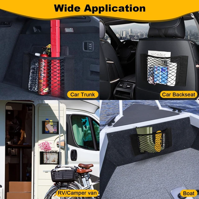 Alt view image 3 of 7 - 4Pcs Car Storage Net Pockets, Stretchable Mesh Cargo Net Organizer with Adhesive Hook and Loop Strips, Universal Trunk Back Seat RV Camper SUV Truck Storage Pouch, 11.8" x 9.8" & 15.7" x 9.8"