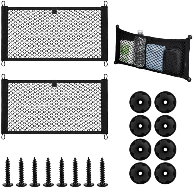 Main image of 2 Pack Small Cargo Net, Elastic Stretchable Pocket Storage Mesh Net | Universal Automotive Cargo Netting Storage Pouch with 8 Mounting Screws & Hooks for Cars, Trucks, RVs & Boats (18.5" x 9.8")