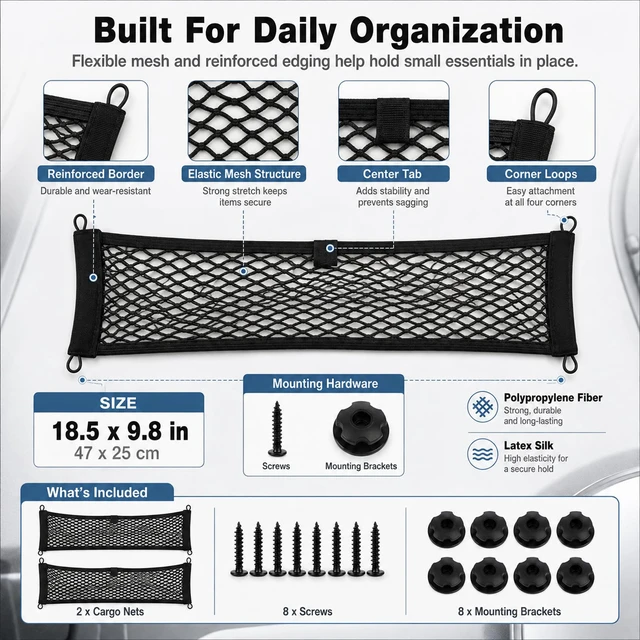 Alt view image 3 of 7 - 2 Pack Small Cargo Net, Elastic Stretchable Pocket Storage Mesh Net | Universal Automotive Cargo Netting Storage Pouch with 8 Mounting Screws & Hooks for Cars, Trucks, RVs & Boats (18.5" x 9.8")