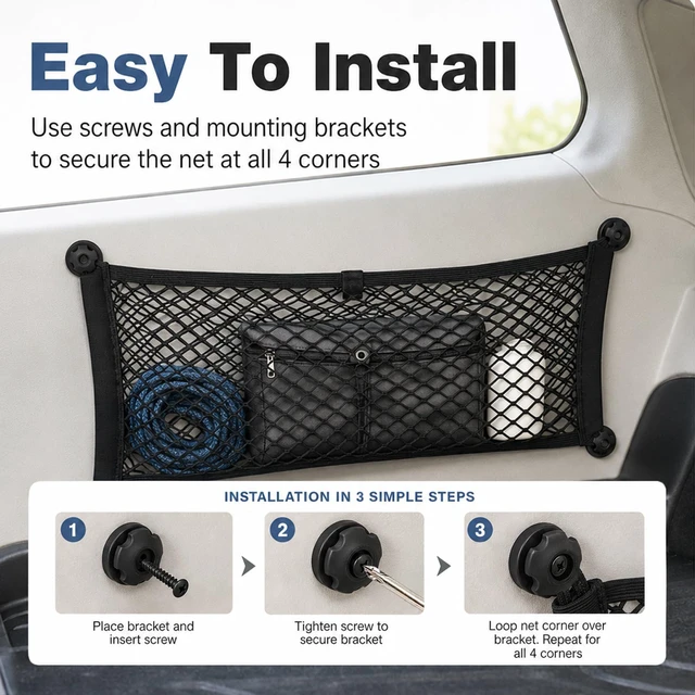 Alt view image 4 of 7 - 2 Pack Small Cargo Net, Elastic Stretchable Pocket Storage Mesh Net | Universal Automotive Cargo Netting Storage Pouch with 8 Mounting Screws & Hooks for Cars, Trucks, RVs & Boats (18.5" x 9.8")
