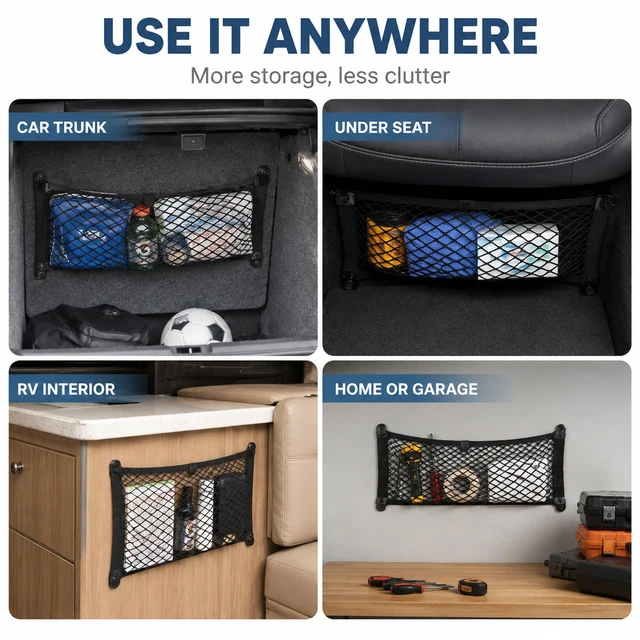 Alt view image 5 of 7 - 2 Pack Small Cargo Net, Elastic Stretchable Pocket Storage Mesh Net | Universal Automotive Cargo Netting Storage Pouch with 8 Mounting Screws & Hooks for Cars, Trucks, RVs & Boats (18.5" x 9.8")