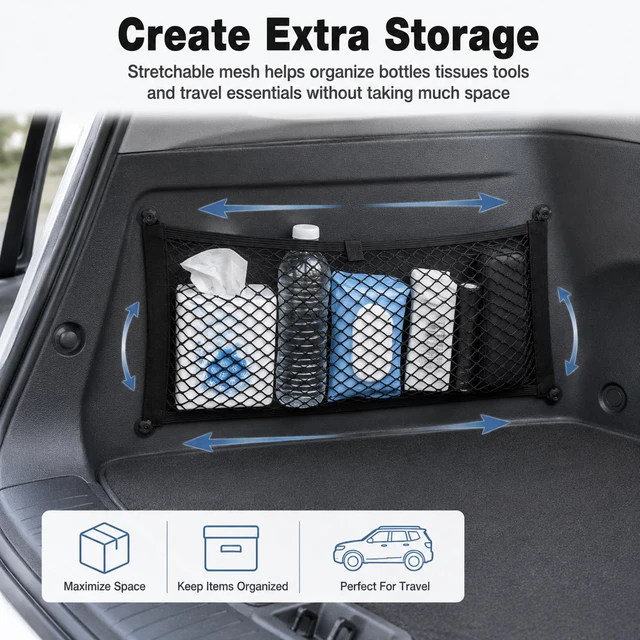 Alt view image 6 of 7 - 2 Pack Small Cargo Net, Elastic Stretchable Pocket Storage Mesh Net | Universal Automotive Cargo Netting Storage Pouch with 8 Mounting Screws & Hooks for Cars, Trucks, RVs & Boats (18.5" x 9.8")