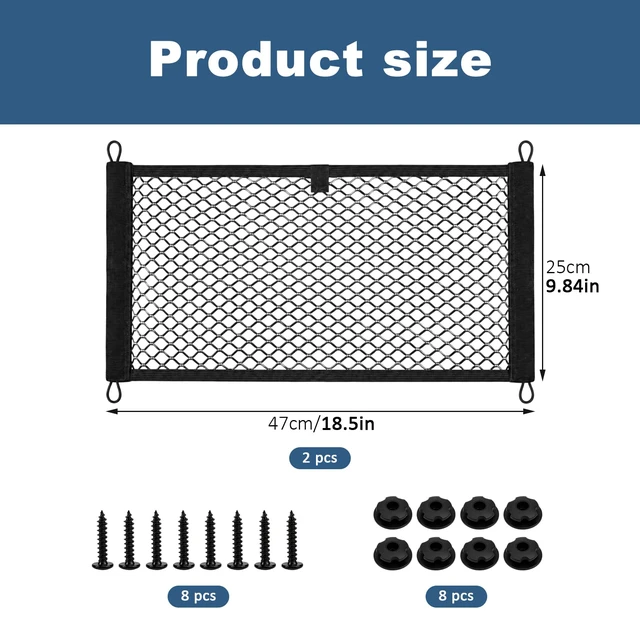 Alt view image 2 of 7 - 2 Pack Small Cargo Net, Elastic Stretchable Pocket Storage Mesh Net | Universal Automotive Cargo Netting Storage Pouch with 8 Mounting Screws & Hooks for Cars, Trucks, RVs & Boats (18.5" x 9.8")