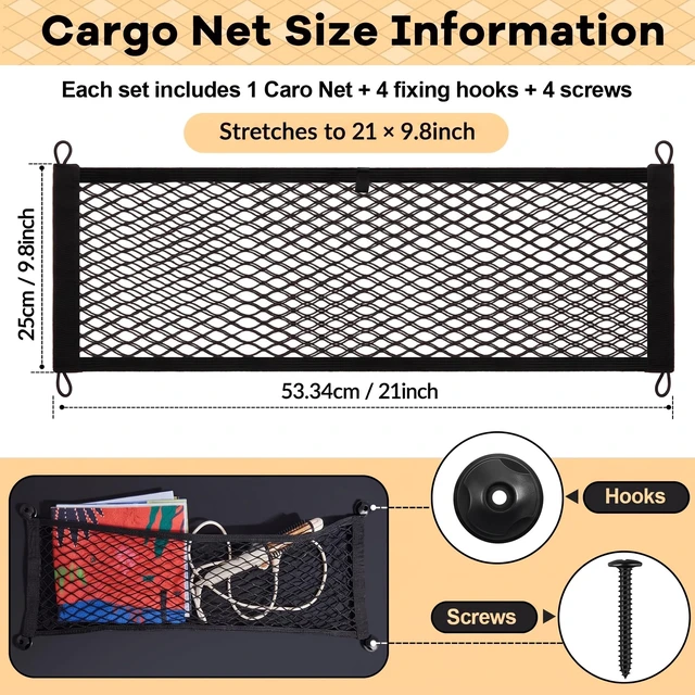 Alt view image 2 of 7 - 2 Pcs Small Cargo Net Boat Storage Mesh Netting,21 X 9.8 Inches | Stretchable Pocket for Car Truck Suv Rv Boat, with Screws, Hooks, Elastic Automotive Storage Pouch, Stretchable Organizer Net