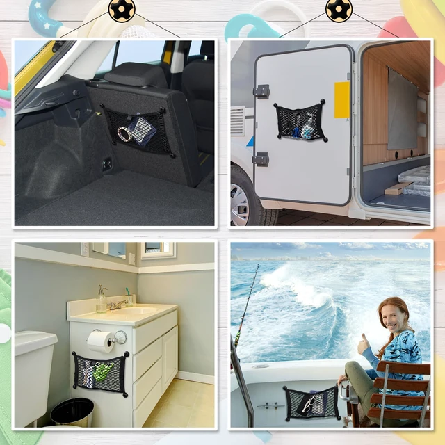 Alt view image 6 of 7 - 2 Pcs Small Cargo Net Boat Storage Mesh Netting,21 X 9.8 Inches | Stretchable Pocket for Car Truck Suv Rv Boat, with Screws, Hooks, Elastic Automotive Storage Pouch, Stretchable Organizer Net