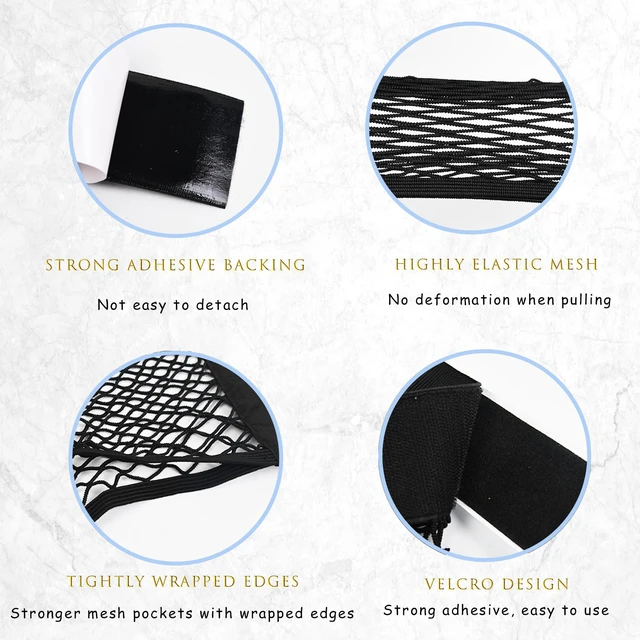 Alt view image 3 of 7 - 2PCS Universal Car Cargo Net with Adhesive Tape, 9.8×15.7in Trunk Storage Mesh Pocket Wall Mount Organizer Bag for Car RV SUV Boat Truck Camper Van Trailer (Black)