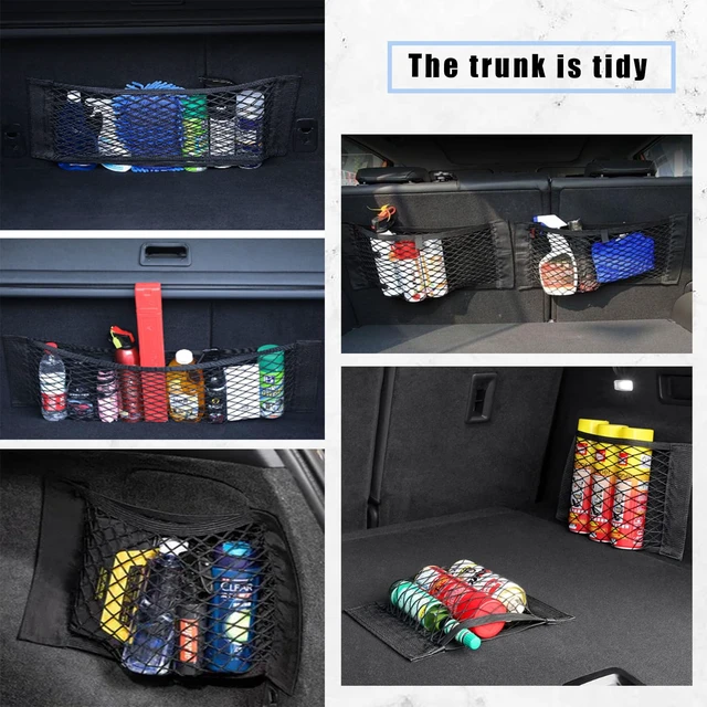 Alt view image 5 of 7 - 2PCS Universal Car Cargo Net with Adhesive Tape, 9.8×15.7in Trunk Storage Mesh Pocket Wall Mount Organizer Bag for Car RV SUV Boat Truck Camper Van Trailer (Black)