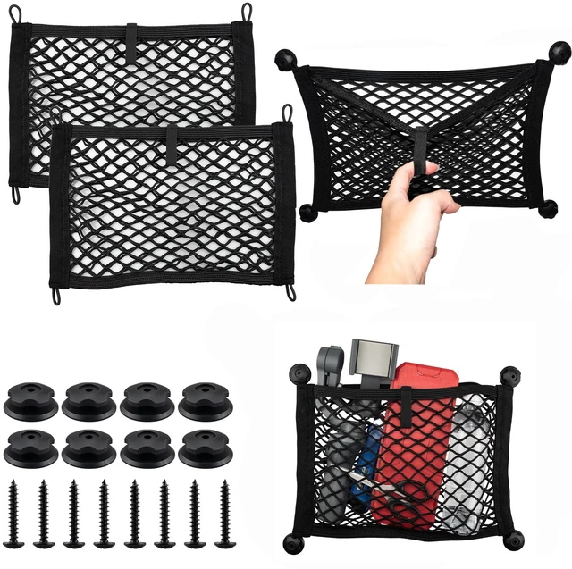 Main image of 2-Pack Small Mesh Storage Pocket Organizer 14.3"x9.5" | Stretchable Elastic Net for Car Trunk, RV Kitchen, Bathroom, SUV & Van | 8 Screws Included