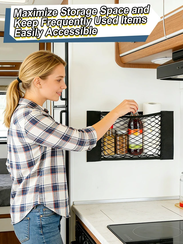 Alt view image 3 of 7 - 2PCS RV Cargo Storage Mesh Net with Sticker | Elastic Stretchable Netting Pocket, Fits SUV & Truck, Size 15.4"×9.4", Keeps Small Items Organized and Secure
