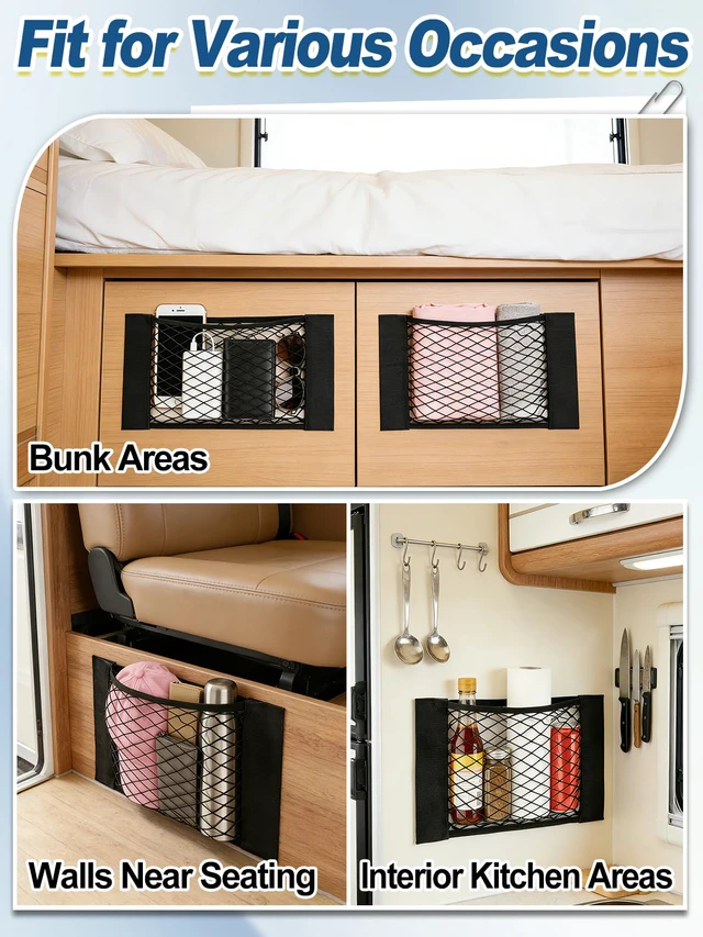 Alt view image 6 of 7 - 2PCS RV Cargo Storage Mesh Net with Sticker | Elastic Stretchable Netting Pocket, Fits SUV & Truck, Size 15.4"×9.4", Keeps Small Items Organized and Secure