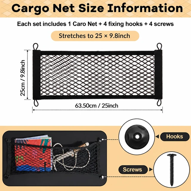 Alt view image 2 of 7 - 2 Pcs Small Cargo Net Boat Storage Mesh Netting,25 X 9.8 Inches | Stretchable Pocket for Car Truck Suv Rv Boat, with Screws, Hooks, Elastic Automotive Storage Pouch, Stretchable Organizer Net