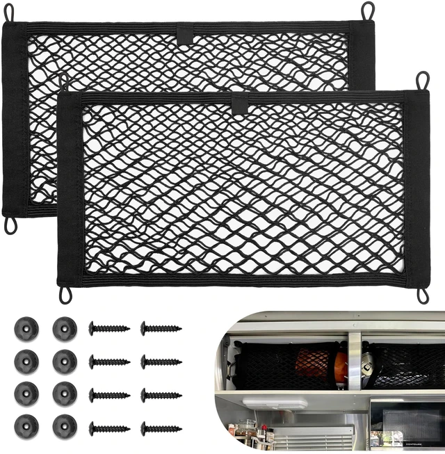 Main image of 2 Pcs Small Cargo Net Pocket Elastic Mesh Netting Car Mesh Pouch for Trunk RV Boats Home Cargo Storage with Screws and Hooks (17.7'' x 9.8'')