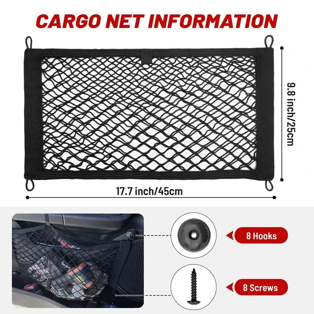 Alt view image 2 of 7 - 2 Pcs Small Cargo Net Pocket Elastic Mesh Netting Car Mesh Pouch for Trunk RV Boats Home Cargo Storage with Screws and Hooks (17.7'' x 9.8'')