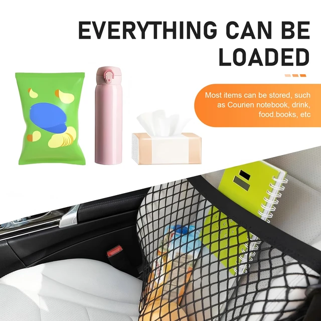 Alt view image 6 of 7 - Car Front Seat Organizer, Passenger Seat Elastic Organizer Net with Buckle, Multifunctional Storage Net for Phone, Bottles, Toys, Universal for Cars, Trucks, SUVs (Black)